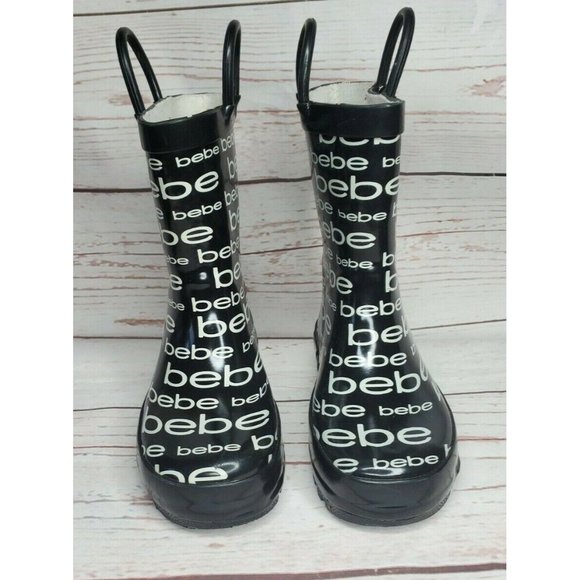 Girls Designer BeBe Graphics L 9/10 25 #121229 Black And White Rain Boots - Picture 6 of 12